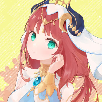 1girl aqua_eyes blue_gem blush breasts closed_mouth commentary fake_horns gem genshin_impact highres horns long_hair looking_at_viewer medium_breasts nilou_(genshin_impact) red_hair smile solo upper_body veil white_veil yellow_background yukatan_(n-neko)