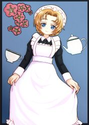 Rule 34 | 1girl, alternate costume, amanone yun, apron, black border, black dress, blue background, blue eyes, border, braid, closed mouth, collared dress, commentary, cup, dress, enmaided, flower, frilled apron, frills, girls und panzer, hat, highres, juliet sleeves, long dress, long sleeves, looking at viewer, maid, mob cap, orange hair, orange pekoe (girls und panzer), parted bangs, puffy sleeves, short hair, smile, solo, standing, teacup, teapot, twin braids, white apron, white hat