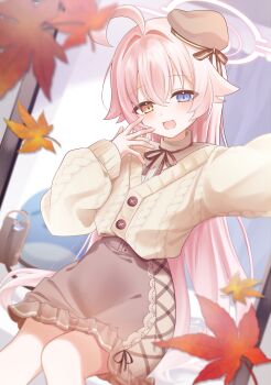 1girl :d absurdres ahoge arm_up beret blue_archive blue_eyes brown_bag brown_hat brown_ribbon brown_skirt brown_sweater buttons cable_knit commentary_request cowboy_shot dutch_angle hair_between_eyes halo hand_up hat head_tilt heterochromia high-waist_skirt highres hoshino_(blue_archive) leaf long_hair long_sleeves maple_leaf neck_ribbon nifuji open_mouth picture_frame pink_hair pink_halo ribbon selfie sitting skirt sleeve_cuffs sleeves_past_wrists smile solo sweater sweater_tucked_in very_long_hair yellow_background
