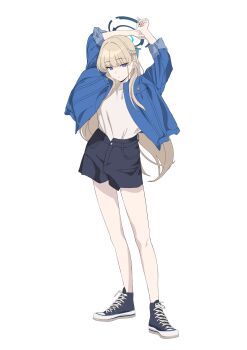1girl absurdres arms_up black_shoes black_shorts blonde_hair blue_archive blue_eyes blue_halo blue_jacket closed_mouth commentary_request converse expressionless full_body halo highres jacket long_hair open_clothes open_jacket shirt shoes short_shorts shorts simple_background sleeves_rolled_up sneakers solo standing tnr_(horiko1525) toki_(blue_archive) white_background white_shirt
