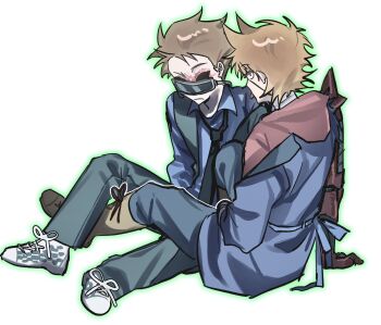 Rule 34 | 2boys, animification, black necktie, black vest, blue coat, blue shirt, boots, brown boots, brown hair, checkered shoes, coat, commentary, eddsworld, english commentary, frown, future tom (eddsworld), future tord (eddsworld), giotletranly, goggles, green outline, grey pants, hair ears, head-mounted display, highres, hollow eyes, hood, hood down, hoodie, male focus, mechanical arms, multiple boys, necktie, open clothes, open vest, outline, pants, red hoodie, scar, scar on face, shirt, short hair, simple background, single mechanical arm, sitting, tom (eddsworld), tongue, tongue out, tord (eddsworld), vest, white background, yaoi