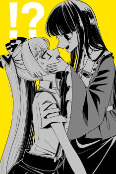 !? 2girls blush bow bowtie collared_shirt commentary_request eye_contact frilled_shirt_collar frilled_sleeves frills fujiwara_no_mokou greyscale_with_colored_background hair_bow hands_on_another&#039;s_cheeks hands_on_another&#039;s_face highres houraisan_kaguya long_hair long_sleeves looking_at_another multiple_girls open_mouth shirt skirt smile suspenders sweatdrop tamiko_(tamik0224) torn_clothes torn_sleeves touhou very_long_hair wide_sleeves yuri