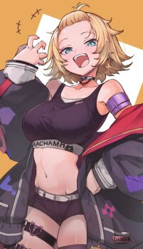 1girl ahoge akai_haato akai_haato_(8th_costume) black_choker black_jacket black_shorts black_sports_bra blonde_hair blue_eyes breasts character_name choker hand_on_own_hip highres hololive jacket large_breasts looking_at_viewer moritatsu navel official_alternate_costume open_mouth short_hair short_shorts shorts solo sports_bra thigh_strap virtual_youtuber yellow_background