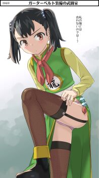 Rule 34 | 1girl, black hair, blush, china dress, chinese clothes, dragon quest, dragon quest iii, dress, martial artist (dq3), fishnet thighhighs, fishnets, hair bobbles, hair ornament, imaichi, looking at viewer, short hair, short twintails, solo, thighhighs, twintails, yellow eyes