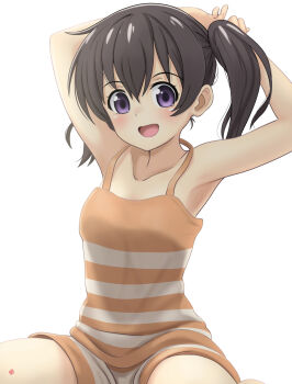 1girl bare_shoulders black_hair collarbone dot_nose feet_out_of_frame female_focus hair_between_eyes highres kuraue_hinata legs long_hair looking_at_viewer open_mouth purple_eyes simple_background sitting solo white_background yama_no_susume