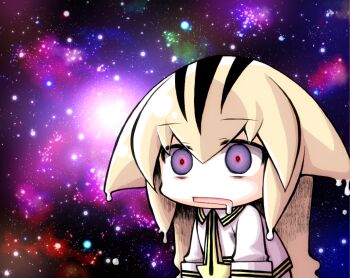 1girl arthropod_girl black_hair blonde_hair collared_shirt commentary_request drooling eyes_visible_through_hair galaxy_background hair_ears long_hair meme meta&#039;36 multicolored_hair necktie no_nose open_mouth original purple_hair red_pupils shirt solo space_cat_(meme) striped_hair white_shirt yellow_necktie
