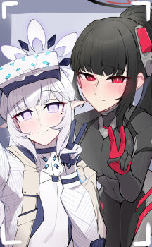 2girls absurdres arm_up black_bodysuit black_hair black_halo blue_archive blunt_bangs blush bodysuit breasts bright_pupils closed_mouth commentary earclip flat_chest git_(git_giit) hair_ornament halo head-mounted_display highres himari_(blue_archive) himari_(bodysuit)_(blue_archive) jacket large_breasts long_hair looking_at_viewer mole mole_under_eye multicolored_halo multiple_girls official_alternate_costume official_alternate_hairstyle open_clothes open_jacket pointy_ears ponytail purple_eyes red_eyes ringed_eyes rio_(blue_archive) rio_(bodysuit)_(blue_archive) selfie sidelocks sitting skin_tight smile standing sweat two-tone_halo v white_bodysuit white_hair white_halo white_jacket white_pupils