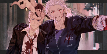 1boy 1girl blood blood_on_clothes blood_on_face blue_eyes commentary dorohedoro ear_piercing english_commentary hand_on_another&#039;s_shoulder highres inverted_cross_earrings kikurage_(dorohedoro) letterboxed long_hair muscular muscular_female noi_(dorohedoro) park_ongjol piercing red_eyes shin_(dorohedoro)