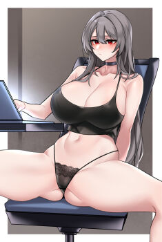 black_choker black_panties blush breasts chair choker closed_mouth collarbone computer crop_top dogs_(dlrkdejr26) gluteal_fold grey_hair groin highres interior laptop large_breasts navel on_chair original panties red_eyes sitting spread_legs underwear