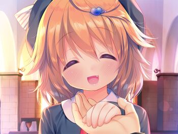 1boy 1girl :d blonde_hair blush bow bowtie buttons chishima_mako closed_eyes collared_shirt facing_viewer fang game_cg green_hat green_jacket hair_between_eyes hair_ornament hat heart heart_hair_ornament holding_hands jacket large_variant_set medium_hair non-web_source open_mouth piyodera_mucha portrait pov pov_hands red_bow red_bowtie shirt smile solo_focus soushisouai_lolita_no_seikatsu variant_set white_shirt