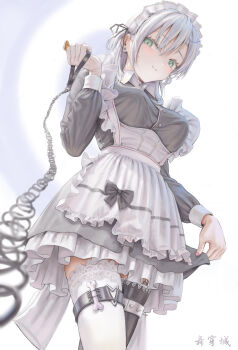 1girl absurdres apron asymmetrical_legwear black_collar black_dress black_ribbon black_thighhighs breasts chain chain_leash chinese_commentary closed_mouth clothes_grab collar collared_dress commentary_request dress earrings frilled_apron frills gloves green_eyes hair_between_eyes hair_ribbon hand_up highres holding holding_collar jewelry jiawenqing lace lace-trimmed_thighhighs lace_trim leash long_hair long_sleeves looking_at_viewer maid maid_apron maid_headdress medium_breasts mismatched_legwear original ribbon single_glove smile solo thighhighs unworn_collar white_apron white_gloves white_hair white_headdress white_thighhighs