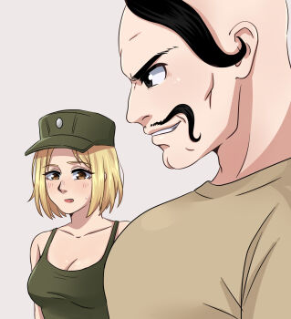 1boy 1girl blonde_hair blush brown_eyes confused cossack cossack_(polish_anon) facial_hair fang highres korzynka_persykiv looking_at_another looking_at_chest male_chest marichka meme muscular muscular_male mustache original sweatdrop tank_top