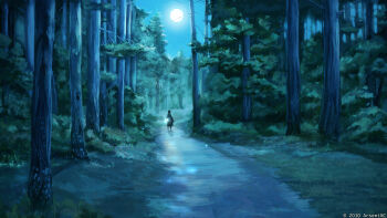 1girl arsenixc everlasting_summer female_focus flashlight forest moon nature night original path road scenery solo tree