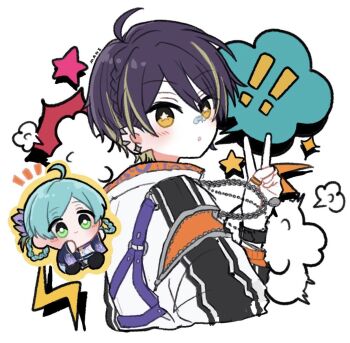 Rule 34 | !, !!, 2boys, ahoge, artist name, bandaid, bandaid on face, bandaid on nose, braid, bright me up!! (ensemble stars!), bright pupils, chibi, closed mouth, commentary, ear piercing, earrings, ensemble stars!, green eyes, hand up, highres, jewelry, lightning bolt symbol, long sleeves, male focus, mani (pukakaka09), multiple boys, natsukoi (ensemble stars!), necklace, notice lines, official alternate costume, official alternate hairstyle, parted bangs, piercing, ring, sengoku shinobu, shinkai kanata, short hair, smile, star-shaped pupils, star (symbol), symbol-only commentary, symbol-shaped pupils, twin braids, v, white background, white pupils, zipper