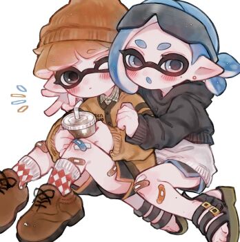 Rule 34 | 1boy, 1girl, 7 amnt, :o, argyle clothes, argyle socks, bandaid, bandaid on leg, beanie, black hoodie, black shorts, blue eyes, blue hair, blue trim, brown footwear, dolphin shorts, drink, drinking straw, ear piercing, eyewear on head, grey eyes, hat, holding, holding drink, hood, hoodie, inkling, inkling boy, inkling girl, inkling player character, looking at viewer, medium hair, nintendo, orange hair, orange headwear, piercing, pointy ears, sandals, shoes, short hair, shorts, simple background, socks, splatoon (series), sports sandals, sunglasses, tentacle hair, thick eyebrows, toes, two-tone hoodie, white background, white hoodie