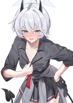 1girl absurdres black_gloves black_shirt black_skirt blue_archive blush breasts cardigan cardigan_around_waist clothes_around_waist commentary_request demon_girl demon_horns demon_tail erika_(blue_archive) gloves grey_cardigan grey_hair gyaru halo highres horns kogal looking_at_viewer medium_breasts miniskirt nose_blush olecafe2 open_collar partial_commentary pleated_skirt school_uniform shirt short_hair simple_background skirt smile solo sweat tail white_background