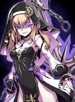 1girl black_dress black_tears black_veil blonde_hair breasts broken broken_chain celestine_(letmebid) chain commission cowboy_shot cross-shaped_pupils crying crying_with_eyes_open detached_sleeves dress ebiblue gem gesugao gold_trim habit hand_tattoo highres long_hair long_sleeves looking_at_viewer medium_breasts neck_tattoo nun original parted_lips pelvic_curtain puffy_long_sleeves puffy_sleeves purple_eyes red_gemstone skeb_commission solo symbol-shaped_pupils tattoo tears veil