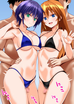 2boys 2girls asymmetrical_docking beach bikini black_bikini black_hair blue_bikini blue_eyes blue_hair breast_press breasts brown_hair commentary_request commission engo_(aquawatery) green_eyes highres long_hair lyrical_nanoha mahou_shoujo_lyrical_nanoha_strikers multiple_boys multiple_girls pixiv_commission short_hair subaru_nakajima swimsuit teana_lanster