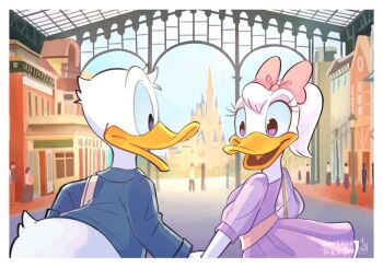 1boy 1girl bow couple daisy_duck disney donald_duck dress duck_boy duck_girl furry furry_female furry_male furry_with_furry hetero mickey_mouse_&amp;_friends open_mouth pink_bow purple_dress purple_eyes shirt smile takatmaorange