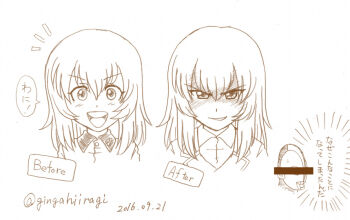 Rule 34 | 1girl, age progression, before and after, collared shirt, g-hiiragi, girls und panzer, girls und panzer phase erika, itsumi erika, kuromorimine military uniform, kuromorimine school uniform, long hair, medium hair, school uniform, shirt, ultraman