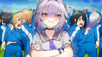 Rule 34 | absurdres, blue pants, blue shirt, chinese commentary, duplicate, highres, looking at viewer, moyume, multiple girls, original, pants, pink eyes, pixel-perfect duplicate, purple hair, purple shirt, running, scared, shirt, smile