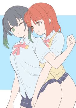 2girls :t black_hair black_skirt blue_shirt breasts brown_eyes closed_mouth colored_tips commentary_request cowboy_shot gradient_hair green_eyes green_hair hair_bun large_breasts love_live! love_live!_nijigasaki_high_school_idol_club medium_hair microskirt multicolored_hair multiple_girls neck_ribbon nijigasaki_school_uniform one_eye_closed orange_hair pink_ribbon pleated_skirt pout raised_inner_eyebrows ribbon school_uniform shirt short_sleeves single_side_bun skirt soyo1558686 sweater_vest takasaki_yu twintails uehara_ayumu yellow_sweater_vest yuri