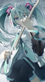 1girl absurdres aqua_eyes aqua_hair aqua_necktie black_sleeves boots boqee closed_mouth commentary_request detached_sleeves electric_guitar frilled_shirt_collar frills guitar hair_between_eyes hair_ornament hatsune_miku hatsune_miku_happy_16th_birthday_-dear_creators- headphones headset highres holding holding_guitar holding_instrument instrument long_hair long_sleeves necktie rain shirt sleeveless sleeveless_shirt solo thigh_boots tie_clip twintails very_long_hair vocaloid wide_sleeves