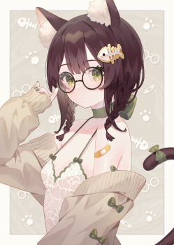 1girl absurdres animal_ear_fluff animal_ears bandaid bandaid_on_arm bare_shoulders black-framed_eyewear bow braid brown_cardigan brown_hair cardigan cat_ears cat_girl cat_tail closed_mouth commentary_request dot_mouth dot_nose dress_bow fingernails fish_skeleton_hair_ornament from_side glasses green_bow green_eyes green_nails hair_ornament hairclip highres looking_at_viewer minasenagi nail_polish original round_eyewear signature solo tail twin_braids upper_body