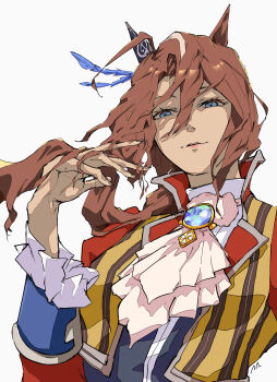 Rule 34 | 1girl, absurdres, animal ears, ascot, blue eyes, blue gem, brown hair, ear covers, ear ornament, feather hair ornament, feathers, frilled sleeves, frills, gem, hair between eyes, hair ornament, hand in own hair, hand up, highres, horse ears, horse girl, jacket, light smile, long hair, long sleeves, looking at viewer, multicolored hair, multicolored jacket, parted lips, ringring (artist), signature, simple background, single ear cover, solo, sounds of earth (ritmo della terra) (umamusume), sounds of earth (umamusume), streaked hair, two-tone hair, umamusume, upper body, white ascot, white background, white streaks