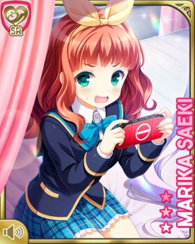 1girl angry blue_bow blue_jacket bow button character_name curly_hair day girlfriend_(kari) green_eyes hair_bow handheld_game_console indoors infirmary jacket looking_at_viewer medium_hair official_art open_mouth plaid_clothes plaid_skirt playstation_portable qp:flapper red_hair ribbon saeki_marika school_uniform shirt sitting skirt v-shaped_eyebrows white_shirt yellow_ribbon