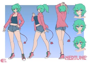 1girl :d :p ;d abs aqua_hair arm_at_side arms_up artist_logo ass blue_background blue_eyes blue_shirt blush border borrowed_character breasts character_name cleavage closed_mouth collarbone commentary commission commissioner_upload demon_tail denim denim_shorts english_commentary from_behind from_side full_body gradient_background hair_between_eyes hand_on_own_hip hand_up highres jacket logo looking_at_viewer looking_to_the_side medium_breasts medium_hair midriff multiple_views navel neptune_(neptuonee) one_eye_closed open_mouth original outside_border pink_jacket pink_shoes ponytail portrait red_tail second-party_source shirt shoes shorts smile standing tail teeth toned toned_female tongue tongue_out white_border xonitum