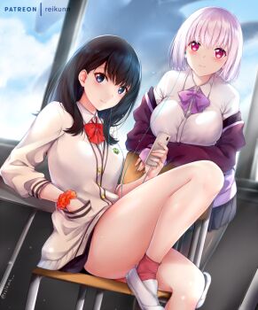 10s 2girls artist_name ass black_hair black_pantyhose black_skirt blue_eyes blush bow breasts cardigan cellphone chair classroom collared_shirt desk dress_shirt earbuds earphones gridman_universe hand_in_pocket highres jacket kaiju large_breasts leaning_forward legs light_purple_hair long_hair long_sleeves looking_at_viewer microskirt miniskirt multiple_girls off_shoulder orange_scrunchie pantyhose phone pleated_skirt purple_bow purple_eyes purple_jacket red_bow red_legwear rei_kun school_chair school_desk school_uniform scrunchie sharing shinjou_akane shirt shoes short_hair sitting skirt sleeves_past_wrists smartphone smile ssss.gridman takarada_rikka thighs uwabaki venora white_footwear white_shirt window wrist_scrunchie