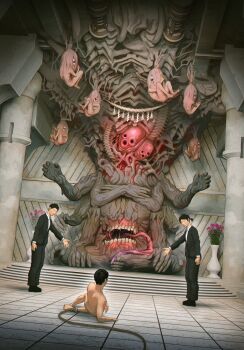 Rule 34 | 3boys, black hair, commentary request, creature, crooked teeth, eldritch abomination, extra arms, flower, food, fruit, highres, imminent eating, kiginobiru (hayapi), long tongue, monster, multiple boys, original, pink flower, ponytail, short hair, short ponytail, temple, tongue, tongue out, tree, vase