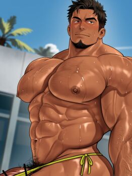 1boy abs bar_censor bara biceps bikini blush broad_shoulders brown_eyes brown_hair censored chest_hair coconut_tree facial_hair goatee groin highres huge_pectorals kuromine_hiraya looking_to_the_side male_focus male_swimwear muscular muscular_arms muscular_male mustache_stubble navel nipple_hair nipples original palm_tree penis penis_peek pubic_hair shiny_skin solo stubble swimsuit thick_eyebrows thong_bikini tree upper_body veins veiny_arms veiny_penis wet yellow_male_swimwear