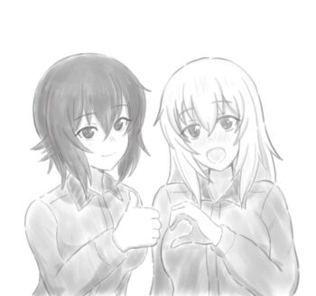 2girls blush girls_und_panzer greyscale heart heart_hands iteza_(flapper_girl_25) itsumi_erika kuromorimine_school_uniform monochrome multiple_girls nishizumi_maho school_uniform short_hair thumbs_up yuri