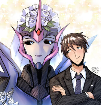 1boy 1girl arcee arcee_(prime) autobot black_hair black_jacket black_sclera blue_eyes bridal_veil collared_shirt colored_sclera commentary crossed_arms dated english_commentary hair_between_eyes hetero highres interspecies jacket jackson_darby looking_at_another looking_to_the_side mecha ongget1 robot science_fiction shirt signature smile transformers transformers_prime veil white_shirt