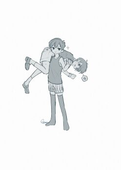 Rule 34 | 2boys, absurdres, anger vein, antenna hair, artist name, bound, bound wrists, bright pupils, closed mouth, collarbone, commentary request, double-parted bangs, dual persona, greyscale, hair between eyes, highres, loafers, looking at viewer, monochrome, multiple boys, omori, omori (omori), open mouth, rami 1300, shoes, short hair, shorts, simple background, sketch, smile, socks, speech bubble, spoken anger vein, standing, striped clothes, striped shorts, sunny (omori), tank top, teeth, thighhighs, thumbs up, two-tone shorts, upper teeth only, vertical-striped clothes, vertical-striped shorts