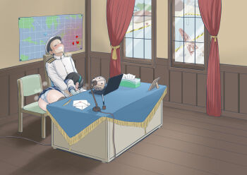 1boy 1girl admiral_(kancolle) ass black_hair blue_skirt chair computer crane_(machine) desk fellatio green_hairband hairband hat hetero highres indoors kantai_collection laptop long_hair long_sleeves map military military_uniform mimofu_(fullhighkick) miniskirt naval_uniform ooyodo_(kancolle) oral orgasm panties peaked_cap pleated_skirt school_uniform serafuku skirt speech_bubble thighhighs tissue_box underwear window wooden_floor
