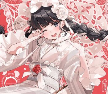 1girl ;d black_hair braid commentary_request flower frilled_sleeves frills gloves grey_eyes grey_umbrella head_tilt japanese_clothes kagachi_saku kimono lace lace_gloves long_sleeves looking_at_viewer low_twintails obi one_eye_closed open_mouth original petals red_background red_flower red_rose rose sash signature smile solo twin_braids twintails umbrella watermark white_flower white_gloves white_kimono white_rose wide_sleeves
