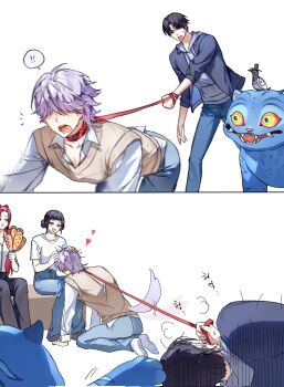 Rule 34 | !, !!, 2boys, 2girls, black hair, blush, corn dog, denim, derpy (kpop demon hunters), food, hair over eyes, heart, highres, holding, holding food, hood, hoodie, jacket, jeans, jinu (kpop demon hunters), korean text, kpop demon hunters, leash, mira (kpop demon hunters), multiple boys, multiple girls, mystery (kpop demon hunters), pants, purple hair, red hair, sitting, tail, zoey (kpop demon hunters)