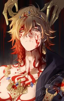 Rule 34 | 1boy, 1other, arm tattoo, black coat, blonde hair, blood, blood on face, blood splatter, braid, chest tattoo, coat, commentary, crown, earrings, english commentary, facial tattoo, gauntlets, gold crown, gold earrings, gold necklace, gradient hair, honkai: star rail, honkai (series), jewelry, looking at viewer, male focus, medium hair, multicolored hair, mydei (honkai: star rail), necklace, open clothes, open coat, pelmysh puk, red hair, red tattoo, side braid, signature, solo, tattoo, yellow eyes