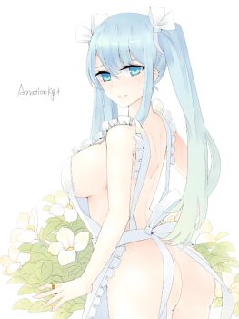 1girl :d anationkgt apron aqua_eyes ass bare_arms bare_back bare_shoulders bottomless breasts commentary_request cowboy_shot eyelashes flower frilled_apron frills hair_ribbon hatsune_miku jewelry large_breasts lips long_hair looking_at_viewer looking_back naked_apron no_bra no_panties open_mouth ornate_ring parted_bangs plant ribbon ring sideboob signature simple_background smile solo teeth twintails vocaloid wedding_ring white_apron white_background white_flower white_ribbon