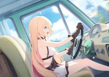 1girl :d backless_shirt blonde_hair blue_eyes breasts brown_gloves driving dutch_angle feet_out_of_frame game_cg gloves gradient_hair highres large_breasts long_hair miniskirt multicolored_hair non-web_source noya_(stella_sora) official_art open_mouth orange_hair profile shirt sideboob sideless_shirt skirt sleeveless sleeveless_shirt smile solo stella_sora underbust vehicle_interior very_long_hair white_shirt white_skirt