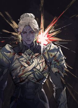 Rule 34 | 1girl, armor, arms at sides, baldur's gate, baldur's gate 3, black background, blonde hair, blood, blood in hair, blood on clothes, blood on face, breastplate, colored skin, commentary, cowboy shot, dark elf, elf, explosion, hair bun, highres, looking at viewer, minthara, parted bangs, pauldrons, pointy ears, purple skin, red eyes, shadowyahaha, short hair, shoulder armor, simple background, single hair bun, solo, standing, symbol-only commentary, vambraces