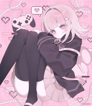 1girl animal_bag ass backpack bag black_thighhighs blush brown_hair cat_bag commentary controller danganronpa_(series) danganronpa_2:_goodbye_despair flipped_hair game_controller hair_ornament heart highres hood jacket kokonoe826 long_sleeves looking_at_viewer medium_hair nanami_chiaki pink_eyes shirt skirt solo spoken_heart symbol-only_commentary thighhighs