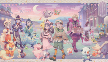3girls 5boys absurdres adaman_(pokemon) akari_(pokemon) alternate_costume black_hair budew building candy_apple clefairy cogita_(pokemon) cosplay crescent_moon cyndaquil dress drifblim drifloon duskull enamorus flareon food gen_1_pokemon gen_2_pokemon gen_3_pokemon gen_4_pokemon gen_5_pokemon gen_7_pokemon ginter_(pokemon) green_pants hat highres holding holding_candy_apple holding_food irida_(pokemon) janis_(hainegom) kneehighs melli_(pokemon) moon multiple_boys multiple_girls musical_note nintendo ogerpon on_shoulder orange_socks oshawott outdoors pants pantyhose pikachu pokemon pokemon_(creature) pokemon_legends:_arceus pokemon_on_shoulder ponytail rei_(pokemon) rowlet shinx shinx_(cosplay) shoes silhouette sitting skuntank sky socks spoken_musical_note standing togepi twilight unown vaporeon volo_(pokemon) walking white_pantyhose