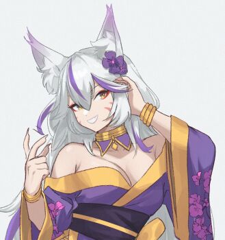 1girl :d animal_ear_fluff animal_ears artist_logo artist_name bare_shoulders bracelet breasts character_request collar commentary commission dot_nose english_commentary eyeliner fang floral_print floral_print_kimono flower fox_ears fox_girl fox_tail full_body gradient_hair hair_between_eyes hair_flower hair_ornament hand_in_own_hair hands_up highres japanese_clothes jewelry kimono kobi420 logo long_hair long_sleeves looking_at_viewer makeup medium_breasts multicolored_hair multiple_bracelets open_mouth original print_kimono purple_collar purple_flower purple_kimono purple_sash purple_streaks red_eyeliner sash simple_background skin_fang slit_pupils smile solo standing symbol-only_commentary tail teeth white_background white_hair wide_sleeves yellow_eyes