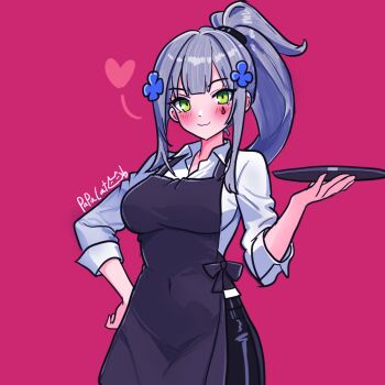 1girl alternate_costume apron black_apron blue_hair blush breasts collared_shirt commentary cross english_commentary facepaint girls&#039;_frontline girls&#039;_frontline_2:_exilium green_eyes hair_between_eyes hair_ornament hairclip hand_on_own_hip hand_up heart highres hk416_(girls&#039;_frontline) holding holding_tray iron_cross klukai_(girls&#039;_frontline_2) long_hair looking_at_viewer medium_breasts papacat ponytail shirt smile solo teardrop tray very_long_hair white_shirt