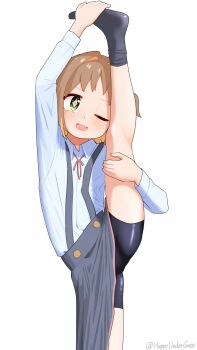 1girl ;d arm_up artist_name bare_legs bike_shorts black_skirt black_socks brown_hair colored_inner_hair commentary diamond-shaped_pupils diamond_(shape) fang flexible green_eyes hand_on_own_foot hand_on_own_leg happyundergate highres leg_up light_blush loli multicolored_hair neck_ribbon oka_asahi one_eye_closed onii-chan_wa_oshimai! open_mouth orange_hair red_ribbon ribbon school_uniform shirt short_hair simple_background skin_fang skirt smile socks solo split standing standing_on_one_leg standing_split suspender_skirt suspenders symbol-shaped_pupils twitter_username two-tone_hair two_side_up white_background white_shirt wing_collar