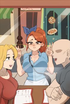 1boy 2girls against_glass bald black_bag black_shirt blonde_hair blue_ribbon blue_shirt breast_press breasts breasts_on_glass cleavage closed_mouth collarbone collared_shirt commentary diner earrings english_commentary faceless faceless_male hair_ribbon highres hyyun_ho jewelry june_(hyyun_ho) large_breasts multiple_girls open_mouth orange_hair original red_shirt ribbon shirt teeth upper_teeth_only